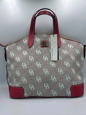 DOONEY & BOURKE Gabriella Satchel Grey & White Canvas Red Leather Trim NWT